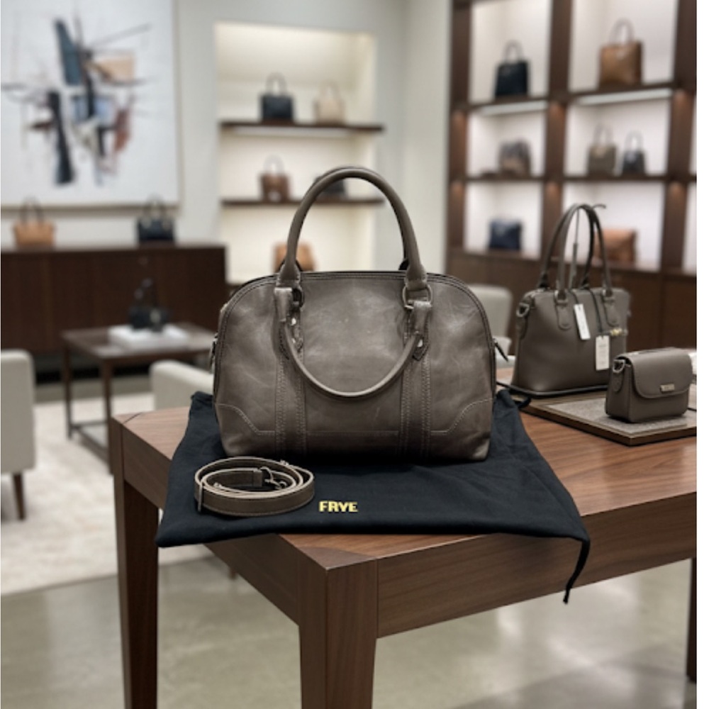 FRYE Taupe Gray Leather Dome Satchel with Detachable Strap